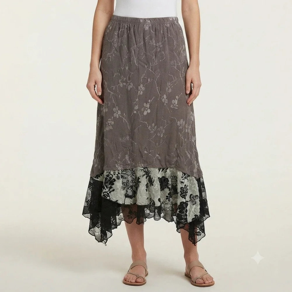 Vintage Skirt 1X Handkerchief Hem Floral Lace Midi Skirt Gray Black Plus Size